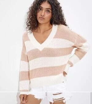 Preppy Knit Pink/Cream Stripes V-Neck Cotton Blend American Eagle Sweater